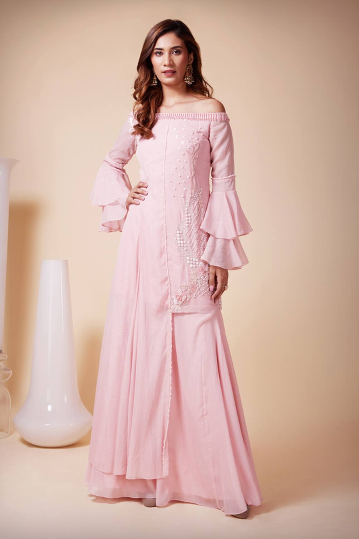 Saaj By Ankita Embroidered Off Shoulder Kurta & Sharara Set
