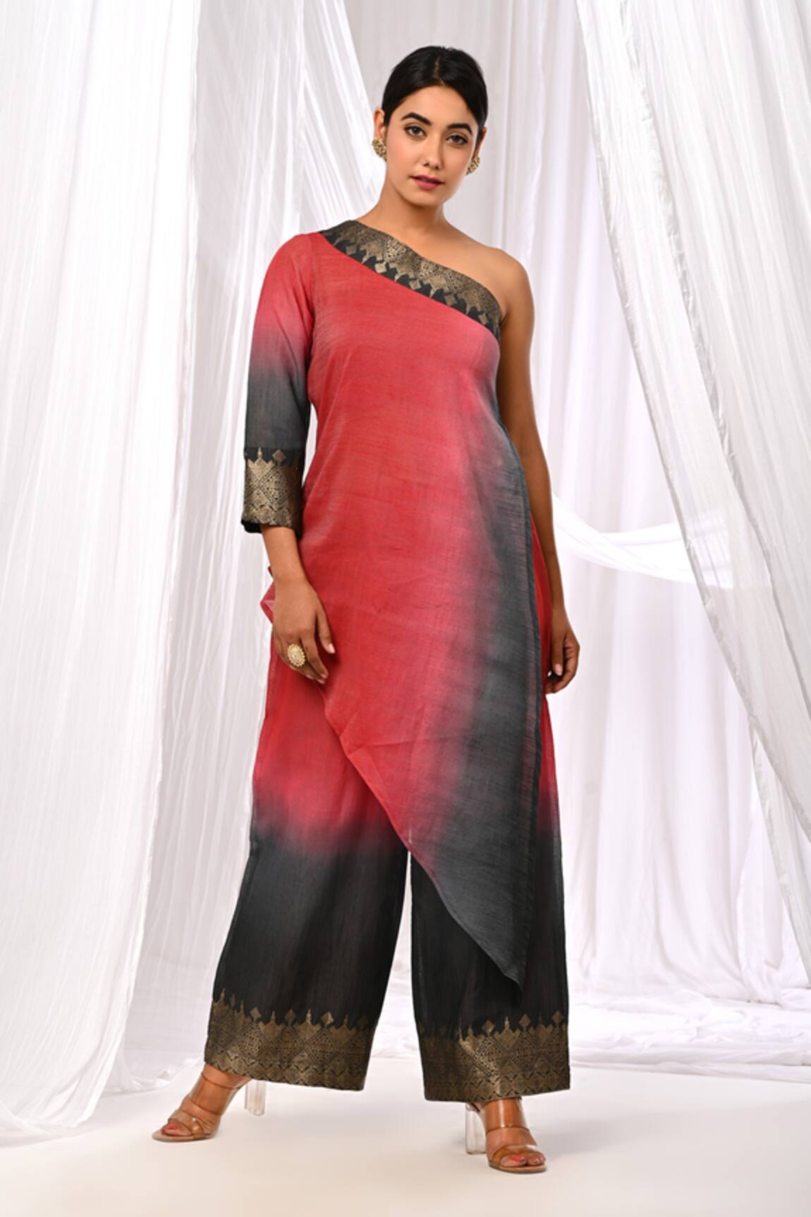 The Home Affair One Shoulder Chanderi Kurta & Flared Pant Set