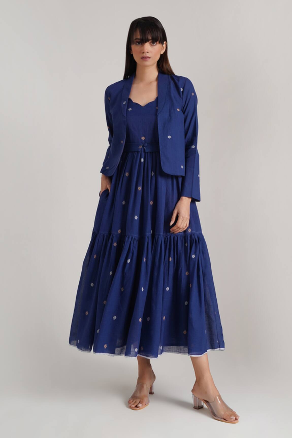 Indigo Dreams Cleopatra Jamdani Tiered Dress Jacket Set