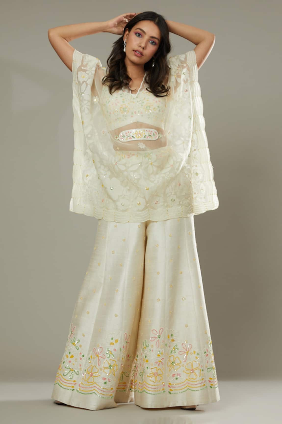 I Am Design French Vanilla Embroidered Palazzo Set With Kaftan