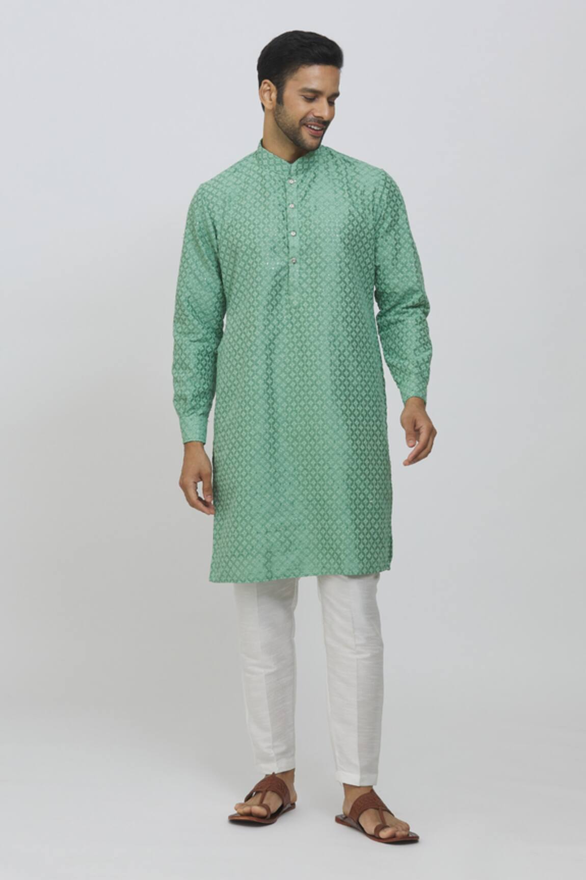Rng Safawala Embroidered Aqua Green Kurta & Off White Pant