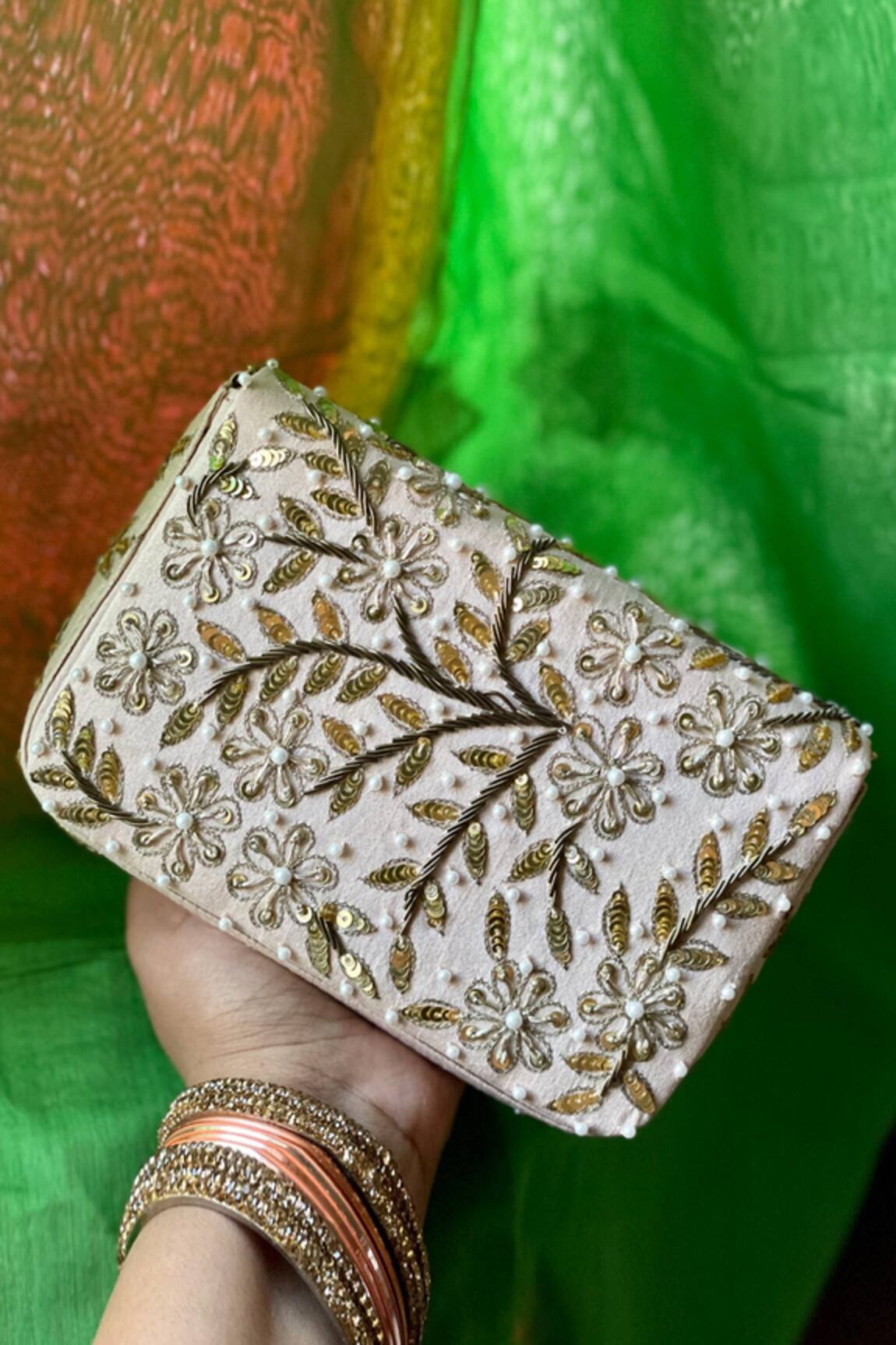 Essemm Zima Leaf Embroidered Clutch