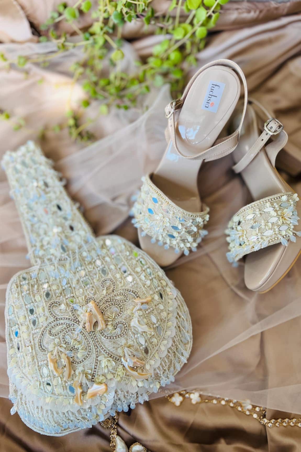 Fuchsia Mirror Embellished Block Heels & Potli Bag Set 