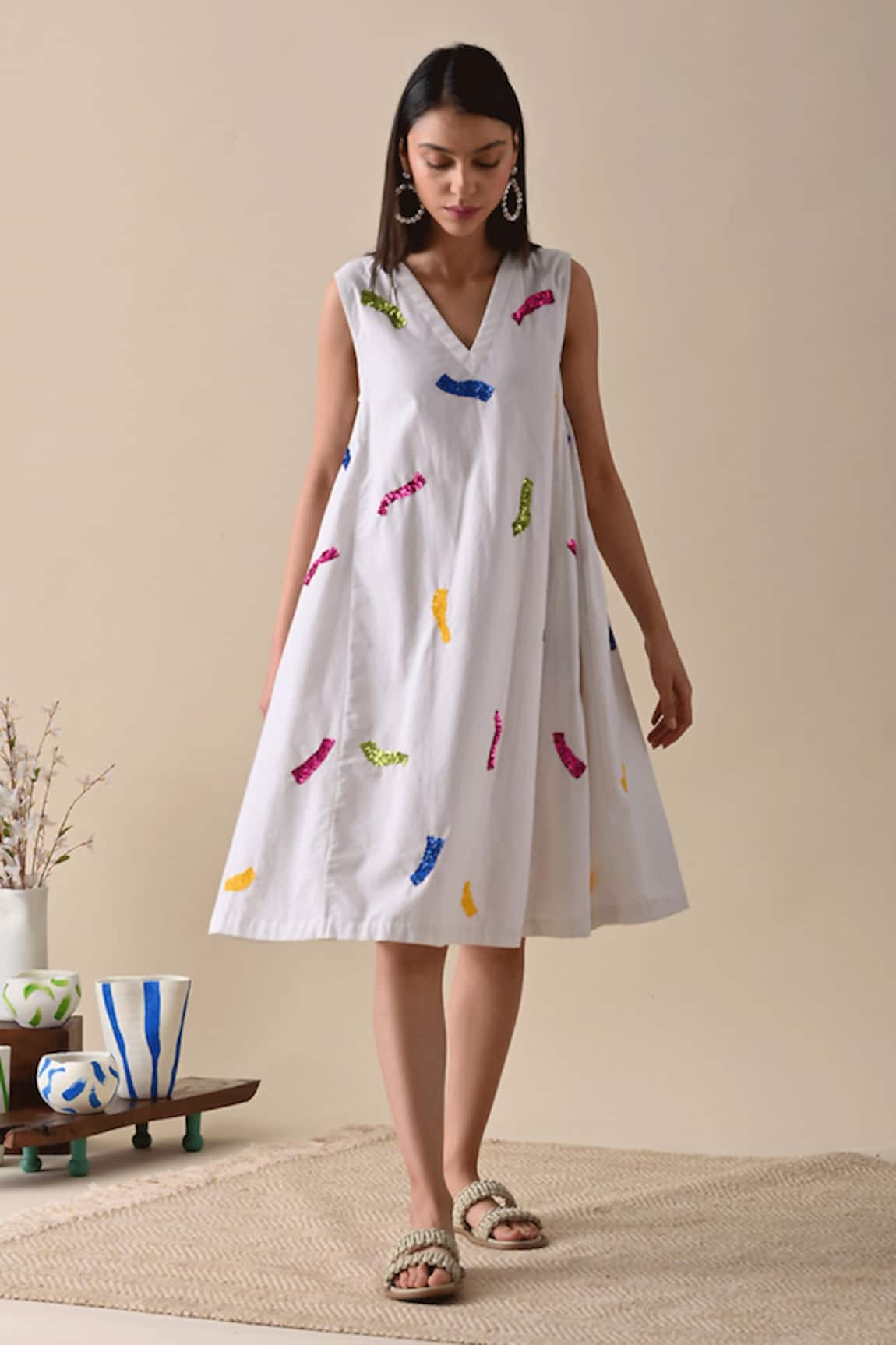 Kanelle Sophie Embroidered A-Line Calf-Length Dress