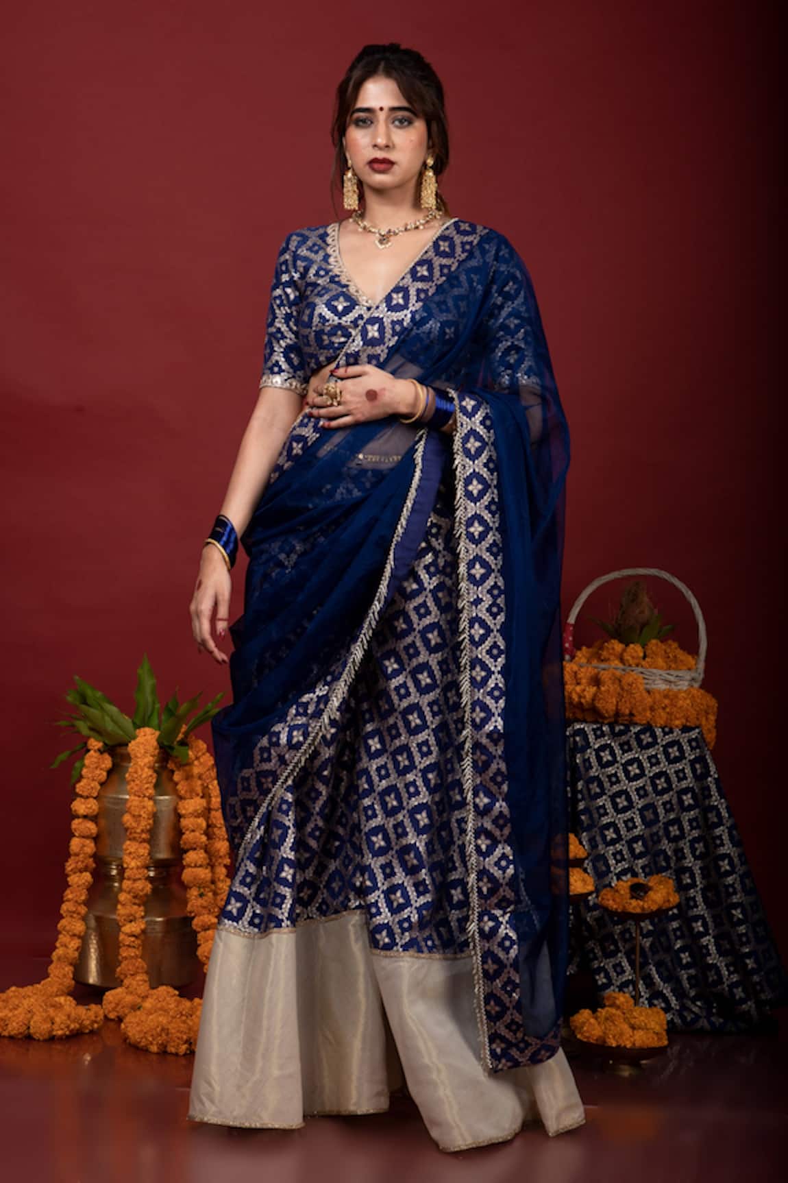 Monk & Mei Sevati Floral Pattern Sharara Saree With Blouse