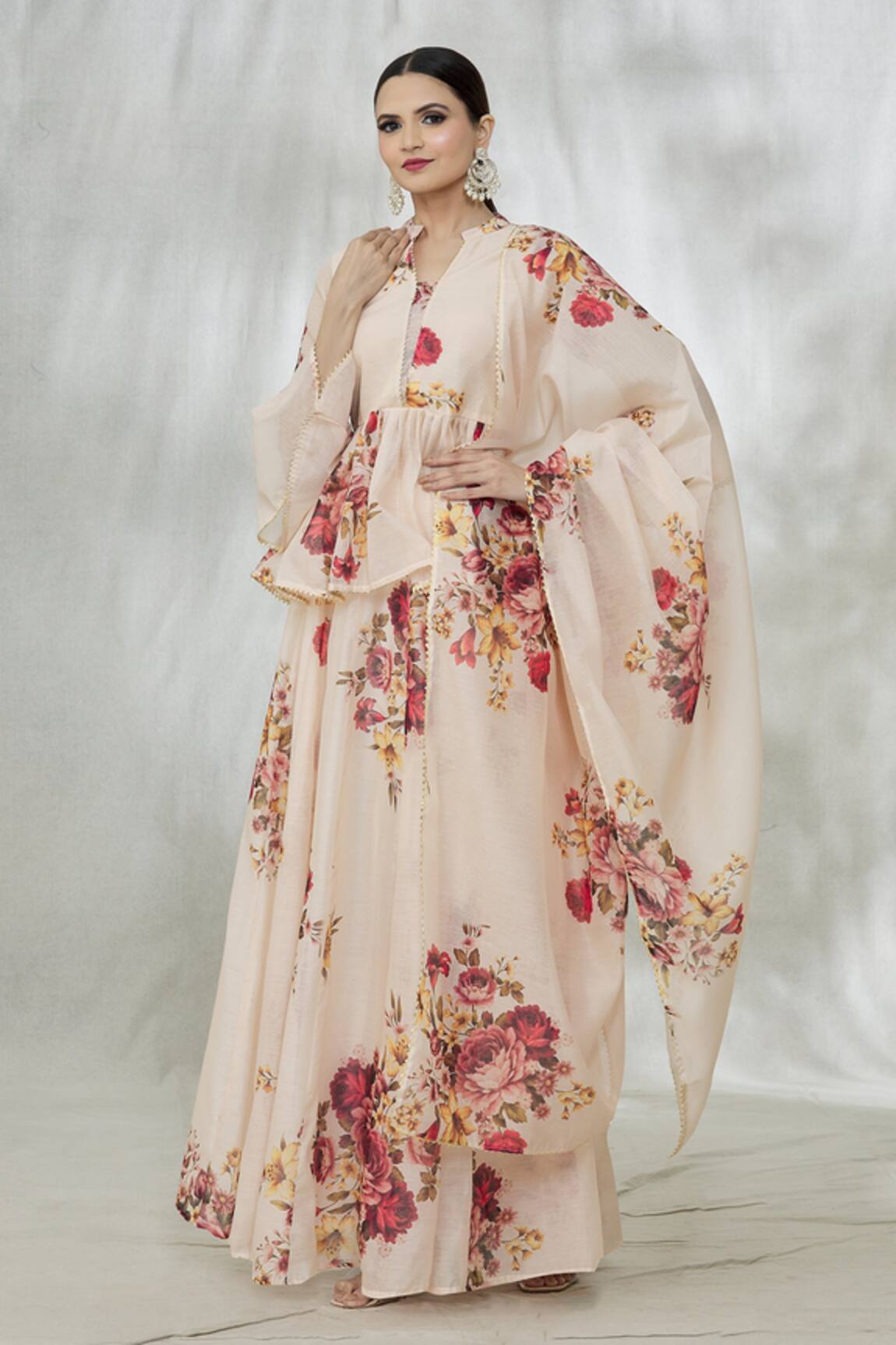 Adara Khan Chanderi Floral Print Peplum Top Lehenga Set