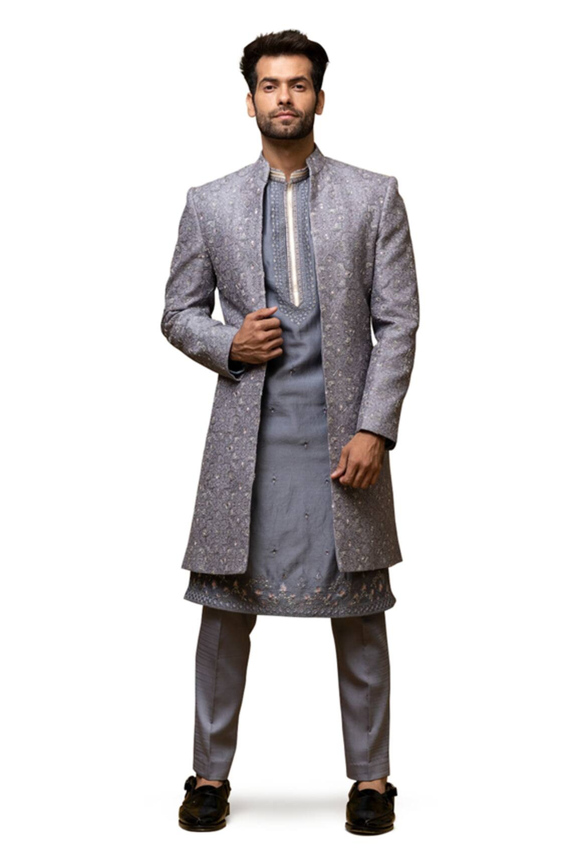 Asuka Grey Embroidered Chanderi Silk Sherwani Set