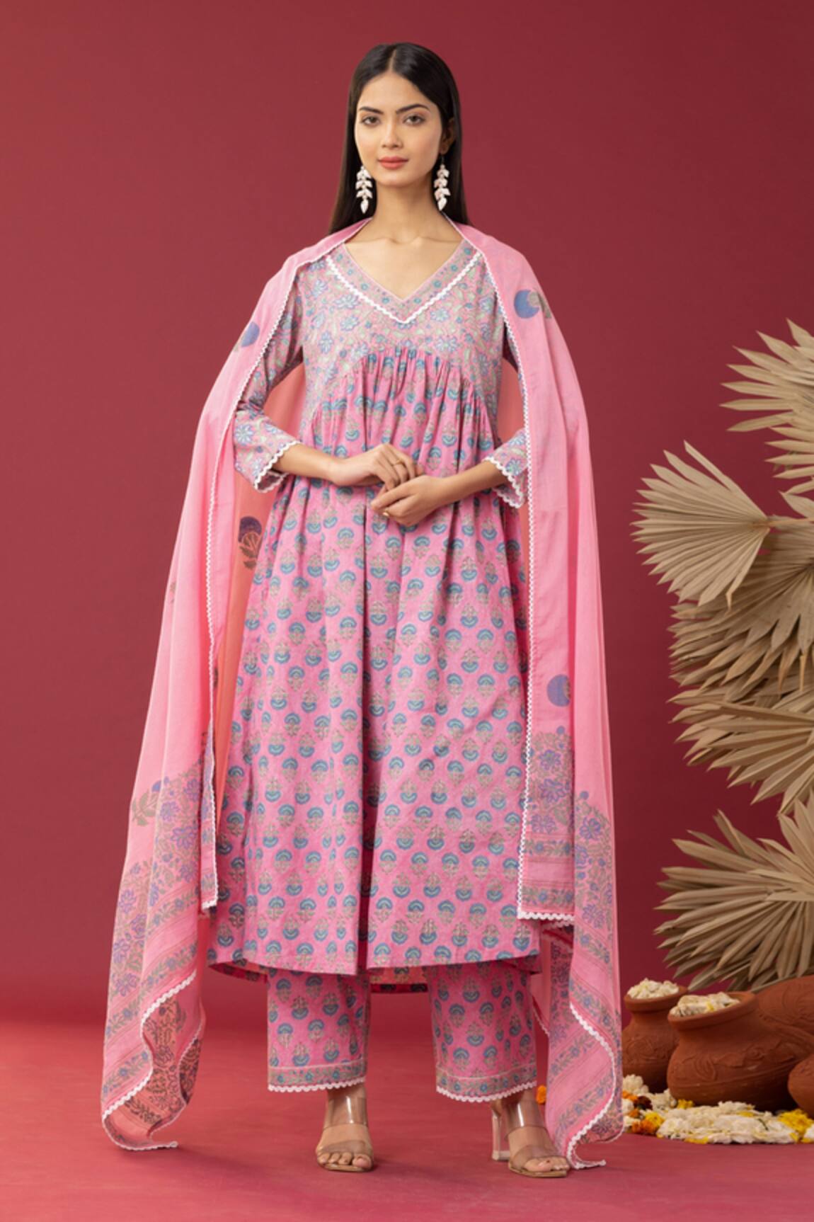 Abbaran Floret Print Anarkali Palazzo Set