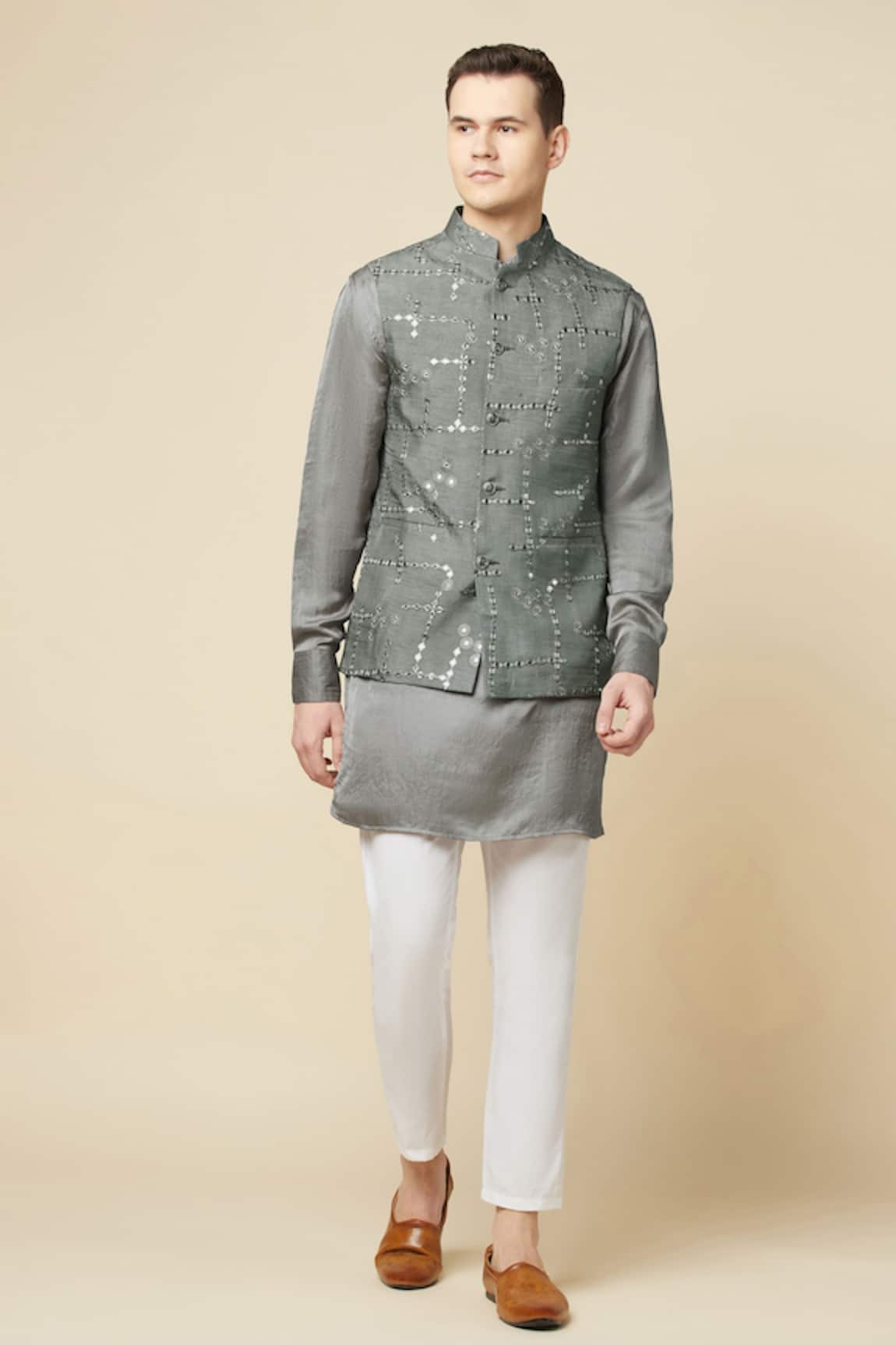 Spring Break Mirror Embroidered Grey Bundi & Kurta Set 