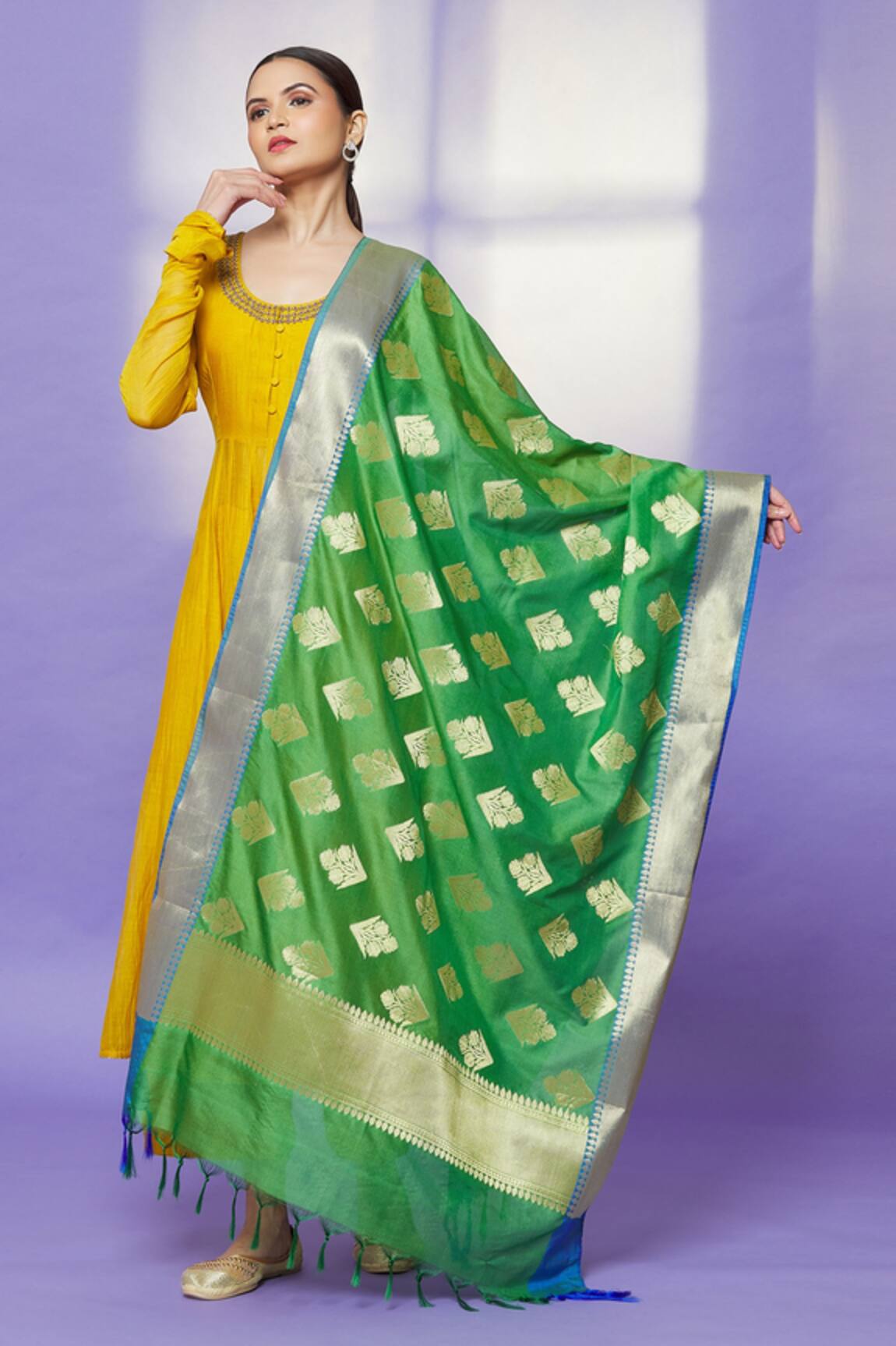 Khwaab by Sanjana Lakhani Floral Woven Green Dupatta 