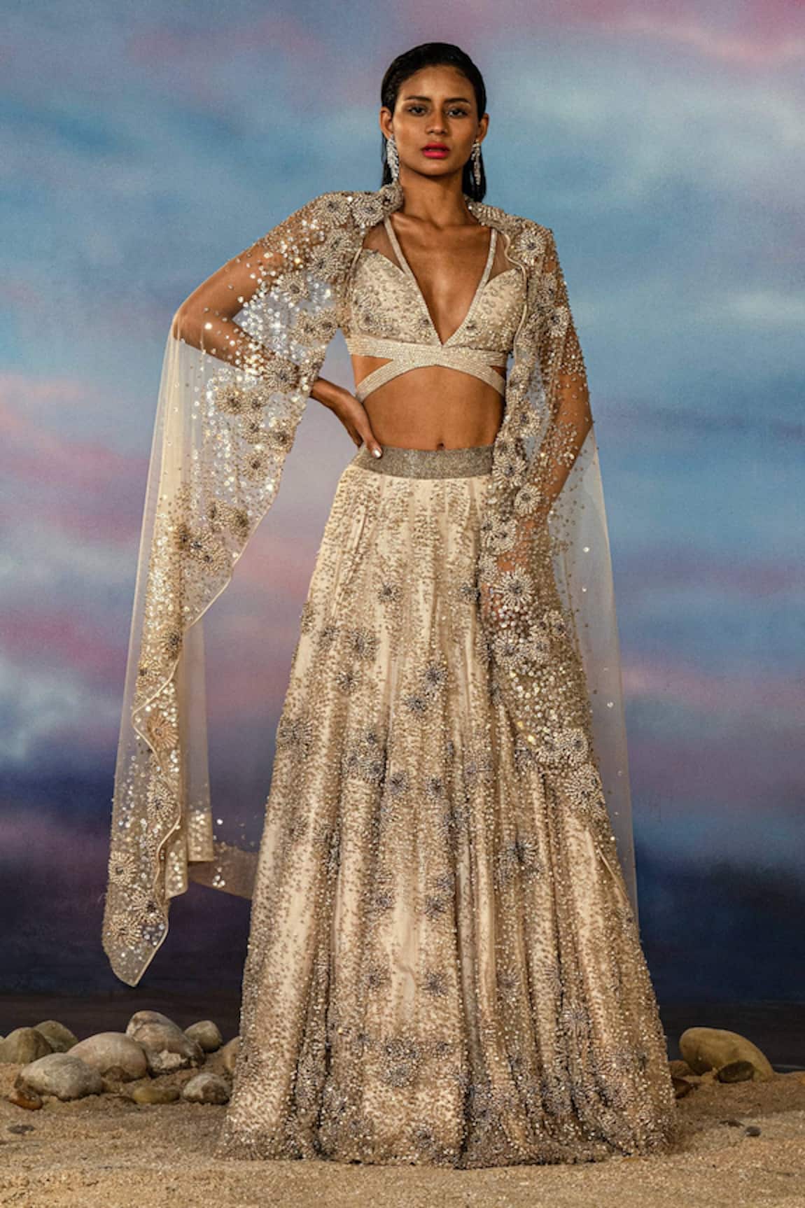 Rohit Gandhi + Rahul Khanna Gold Crystal Floral Embroidered Lehenga Set