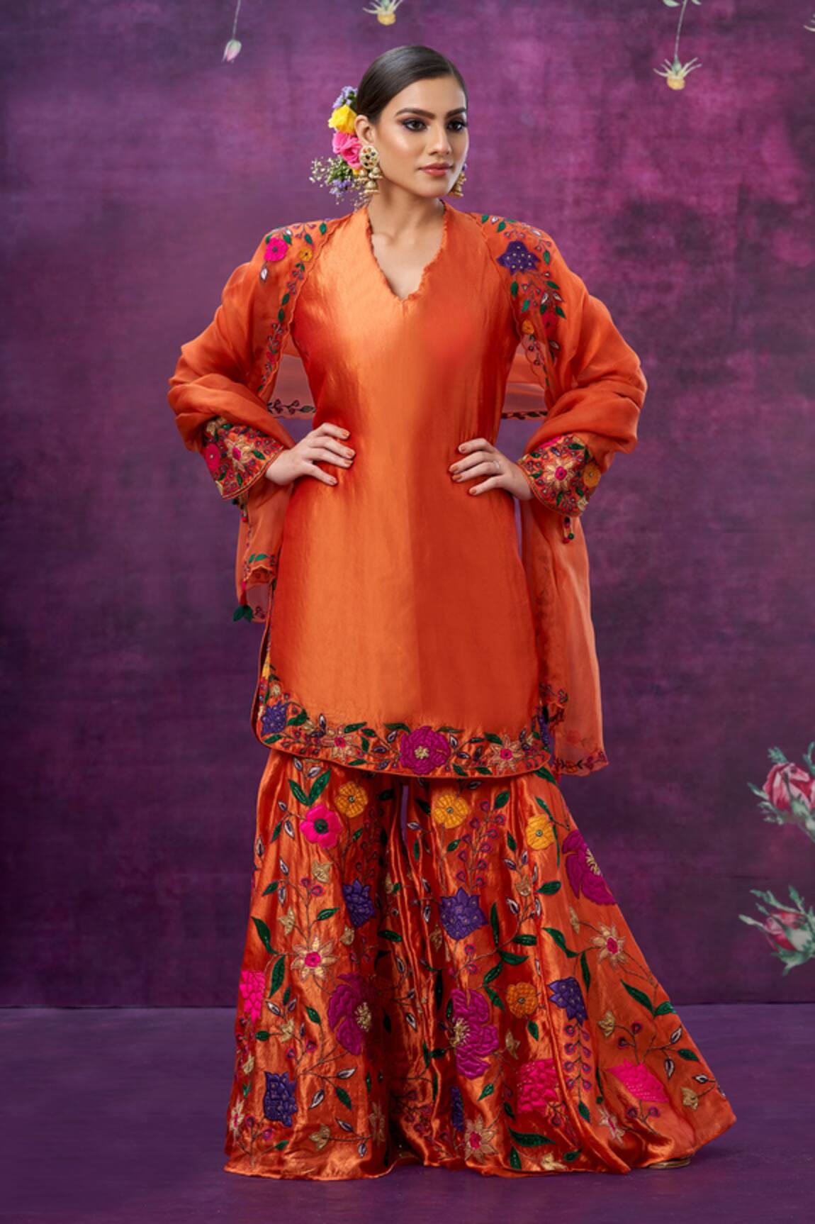 Label Niti Bothra Kora Silk Floral Applique Kurta Sharara Set