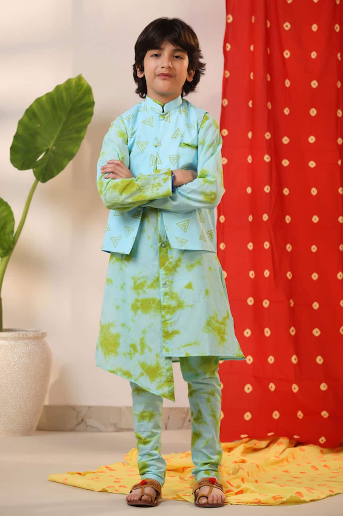 Cute Couture Geometric Print Nehru Jacket & Kurta Set