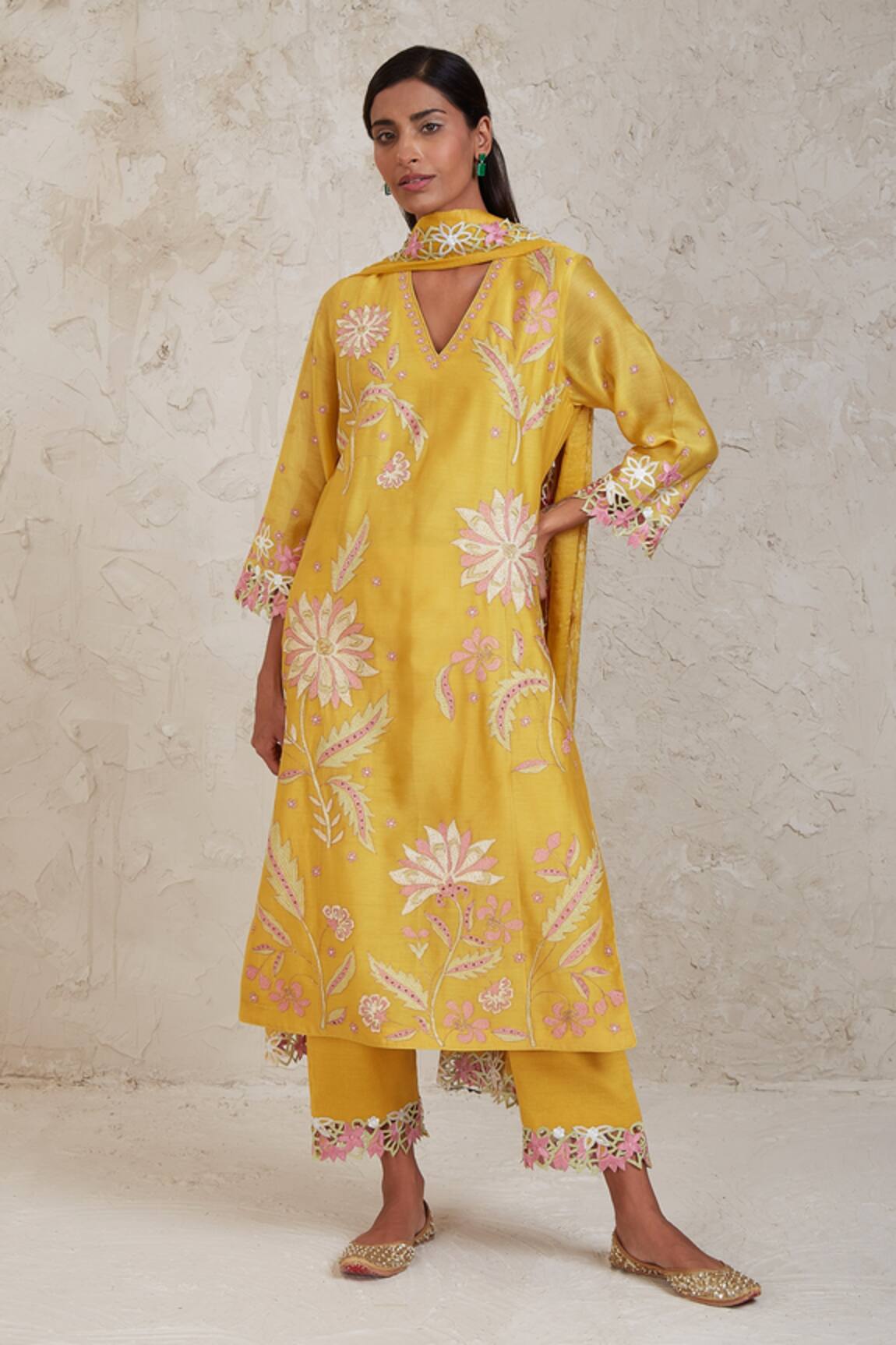 Sue Mue Yellow Cutwork Embroidered Kurta Set