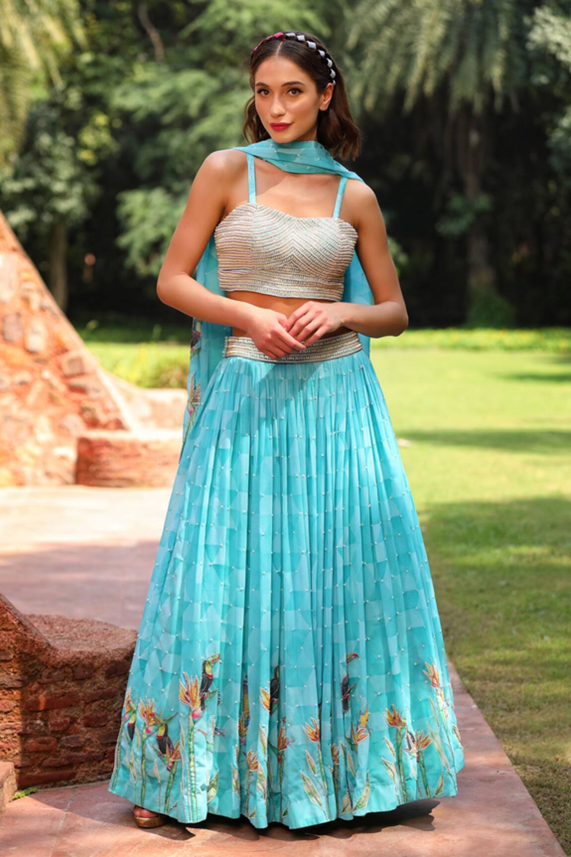 Tarini Vij Pearl Studded Blouse & Toucan Lehenga Set 