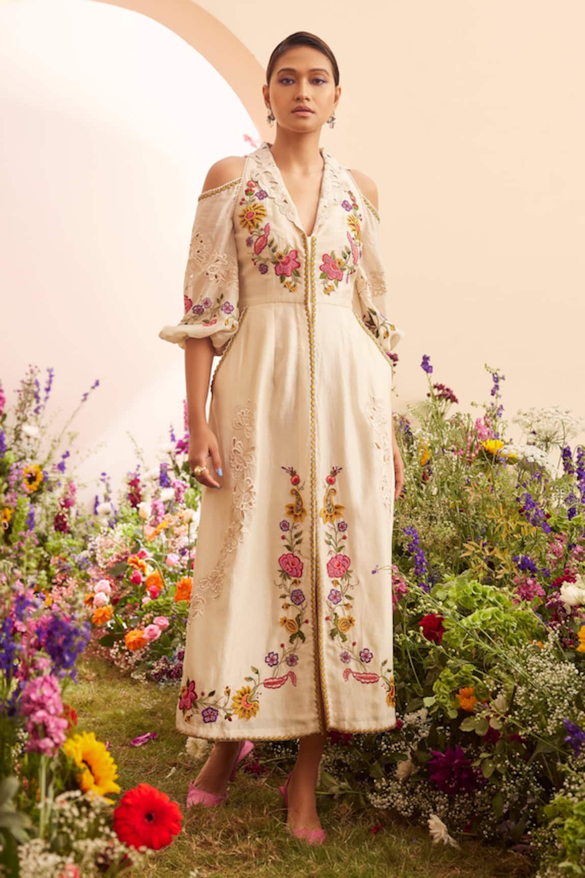 Chandrima Floral Embroidered Cold Shoulder Dress
