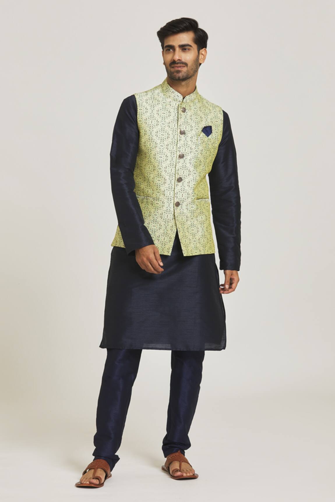 Adara Khan Floral Pattern Bundi & Blue Kurta Set