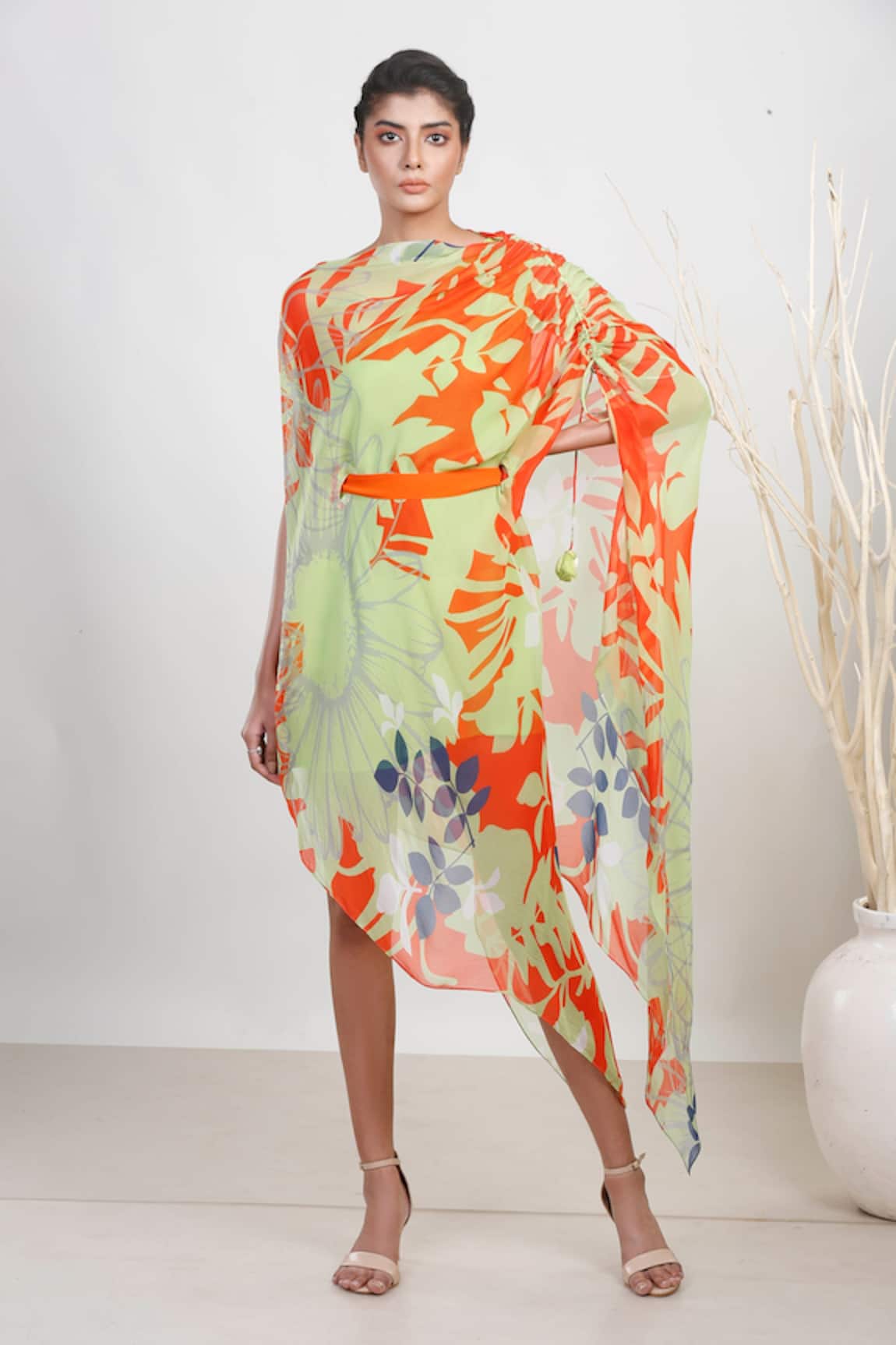 Garo Leaf Print Off-Shoulder Dress With Belt 