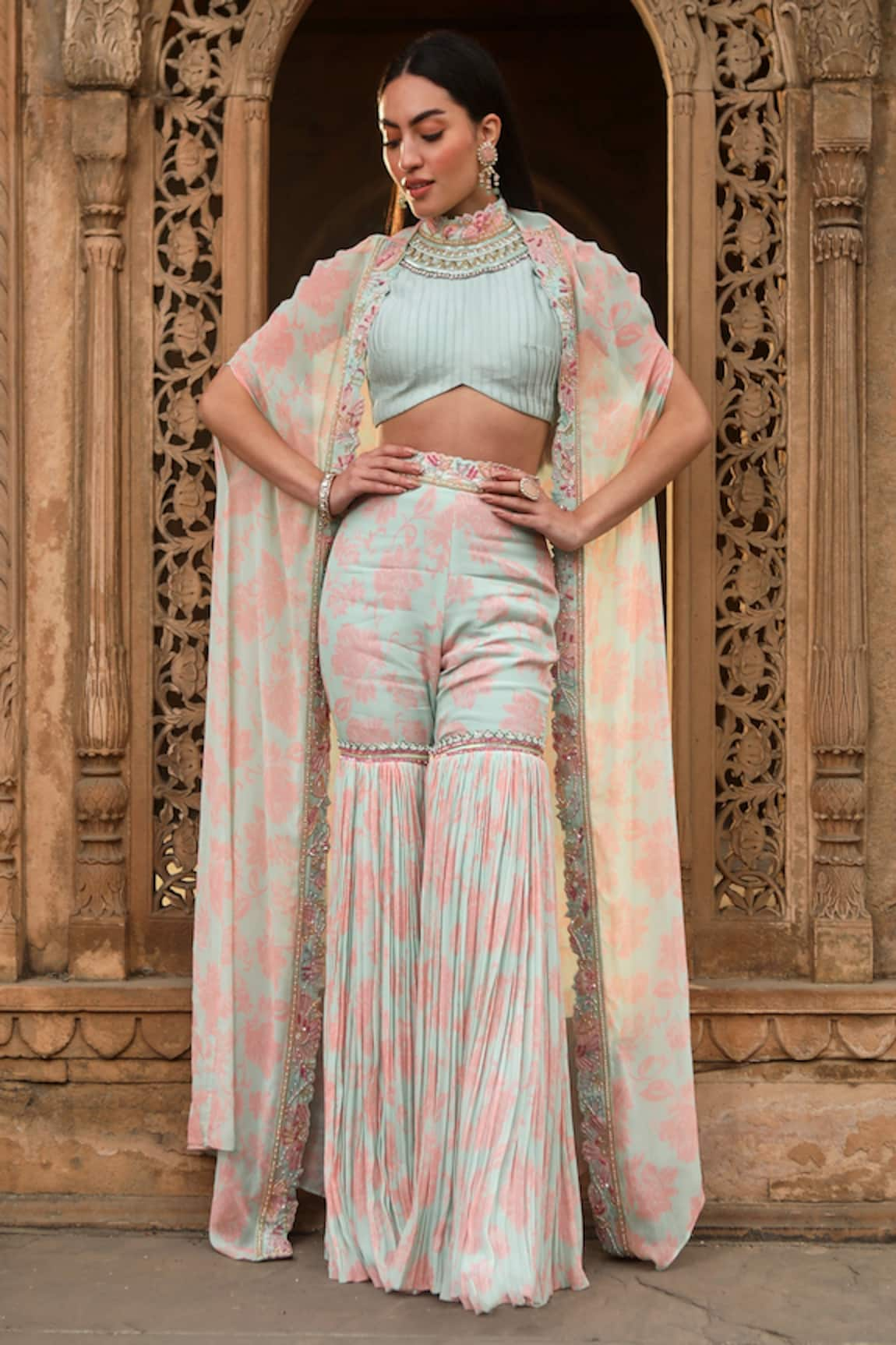 Dheeru Taneja Aafreen Printed Cape & Sharara Set