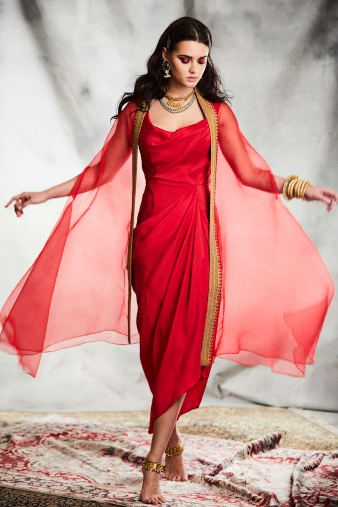 Tisha Saksena Boteh Draped Dress With Cape