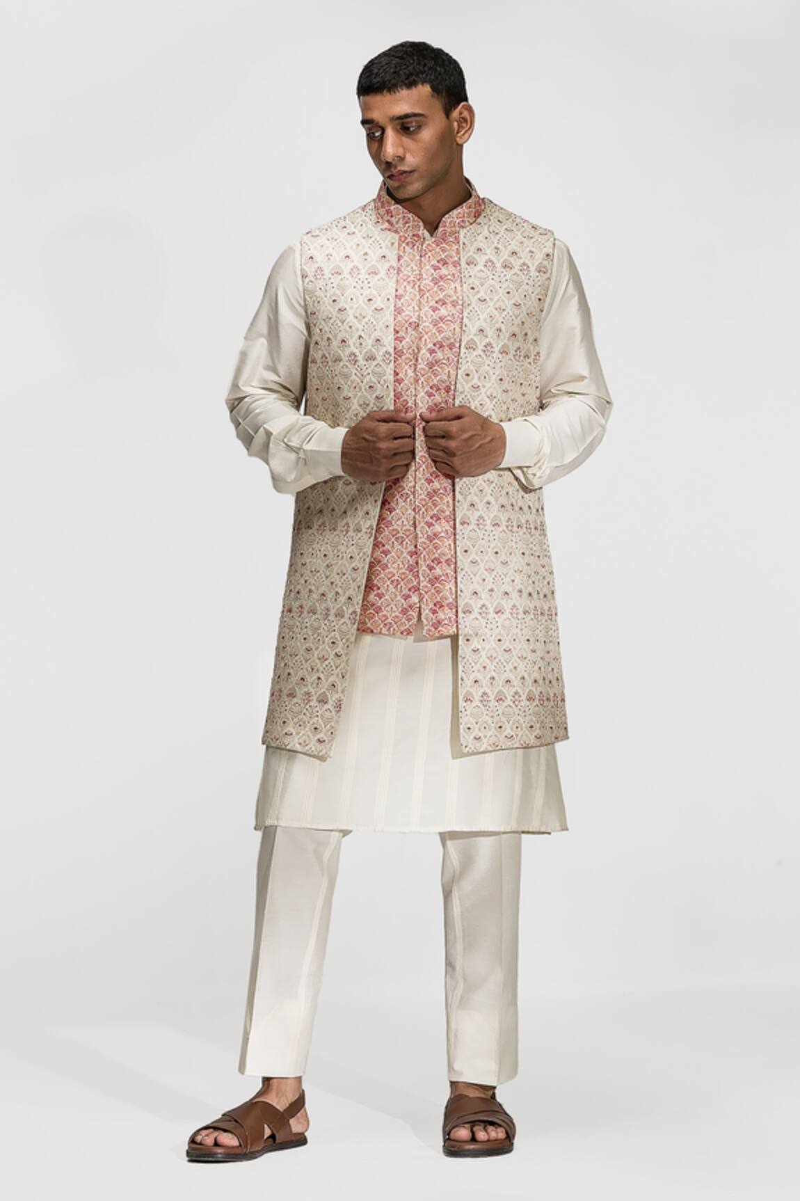 Asuka Beige Chanderi Silk Long Bundi Set