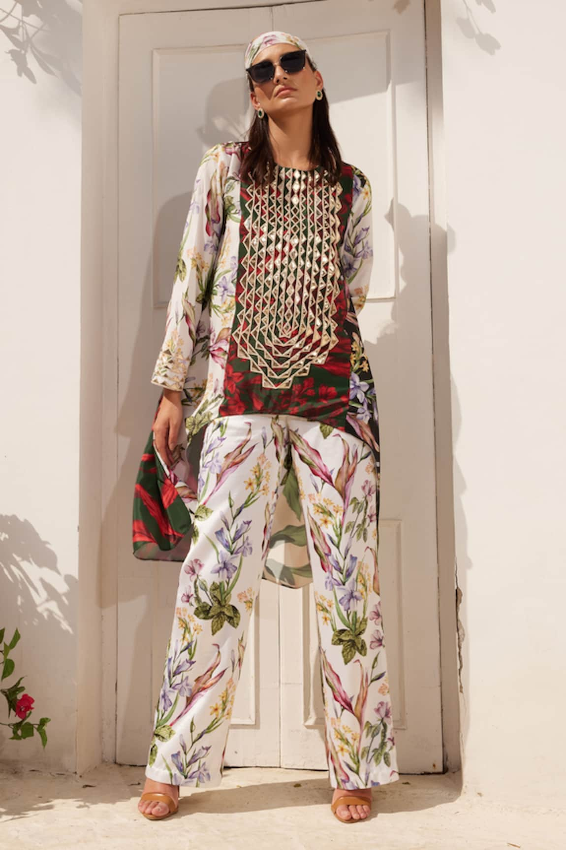 Reynu Taandon Flower Print High-Low Top & Pant Co-ord Set