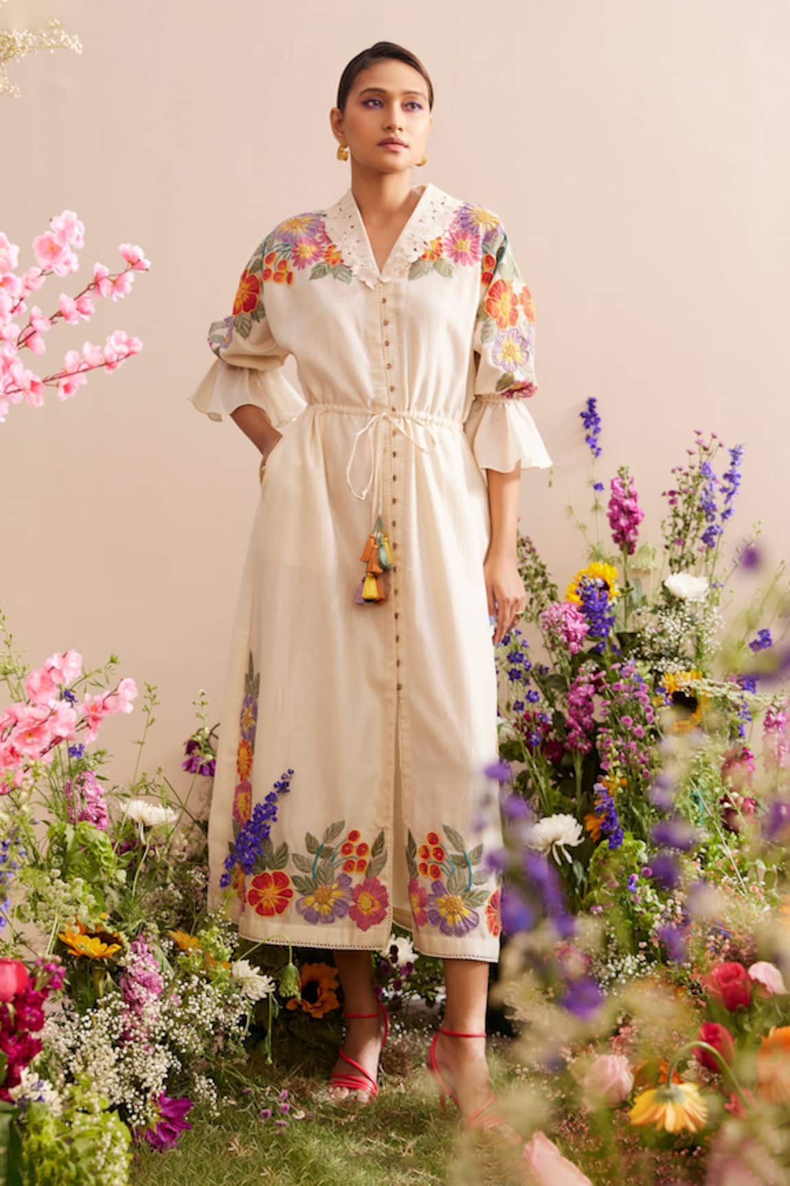 Chandrima Floral Embroidered Shirt Dress