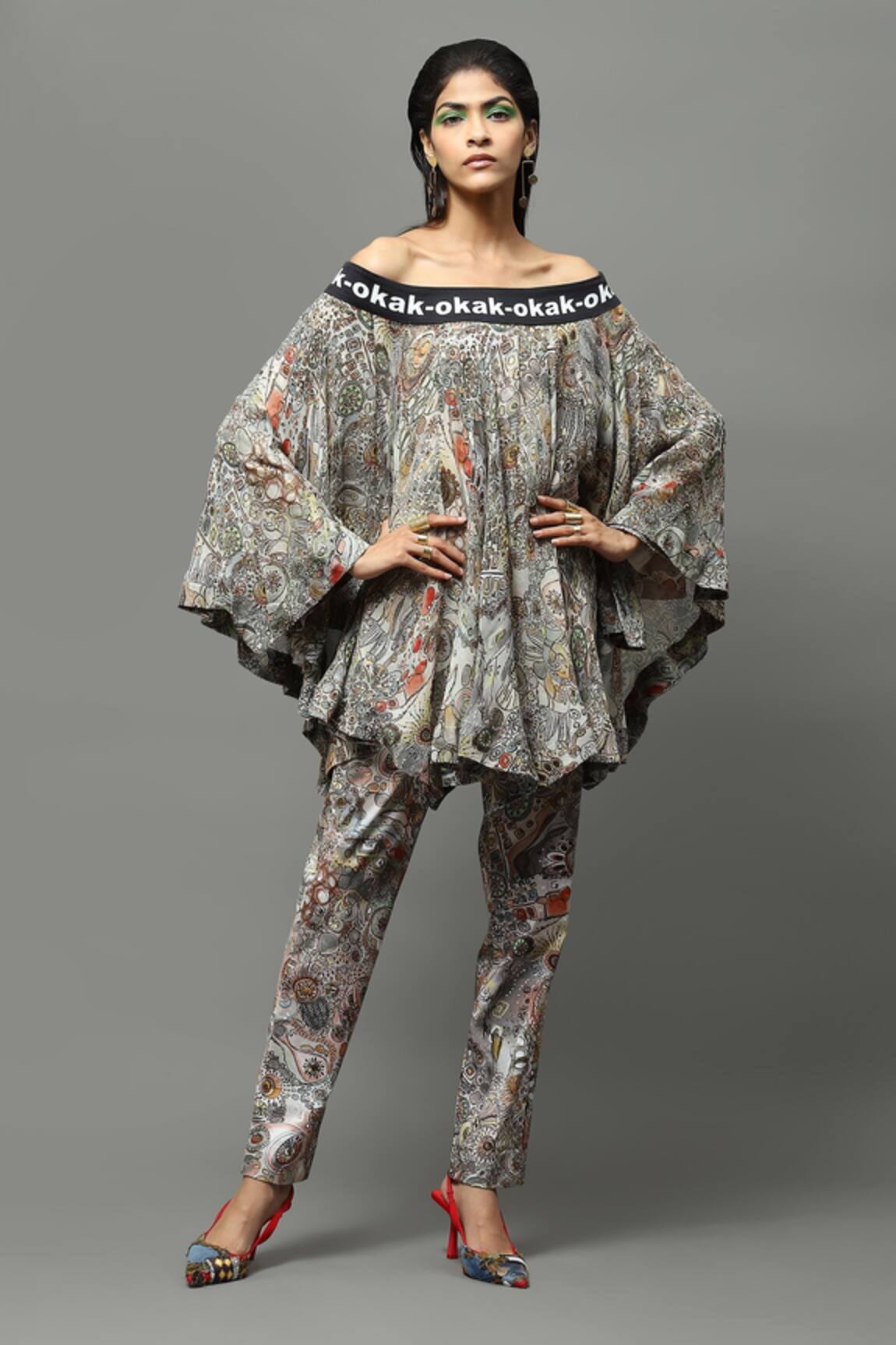 AK-OK Abstract Print Off Shoulder Top & Pant Set