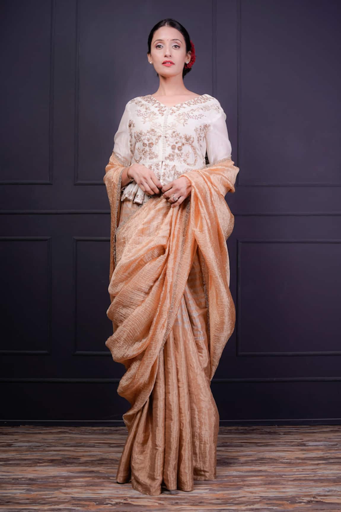 Srota By Srishti Aggarwal Lace Border Embellished Saree With Peplum Blouse