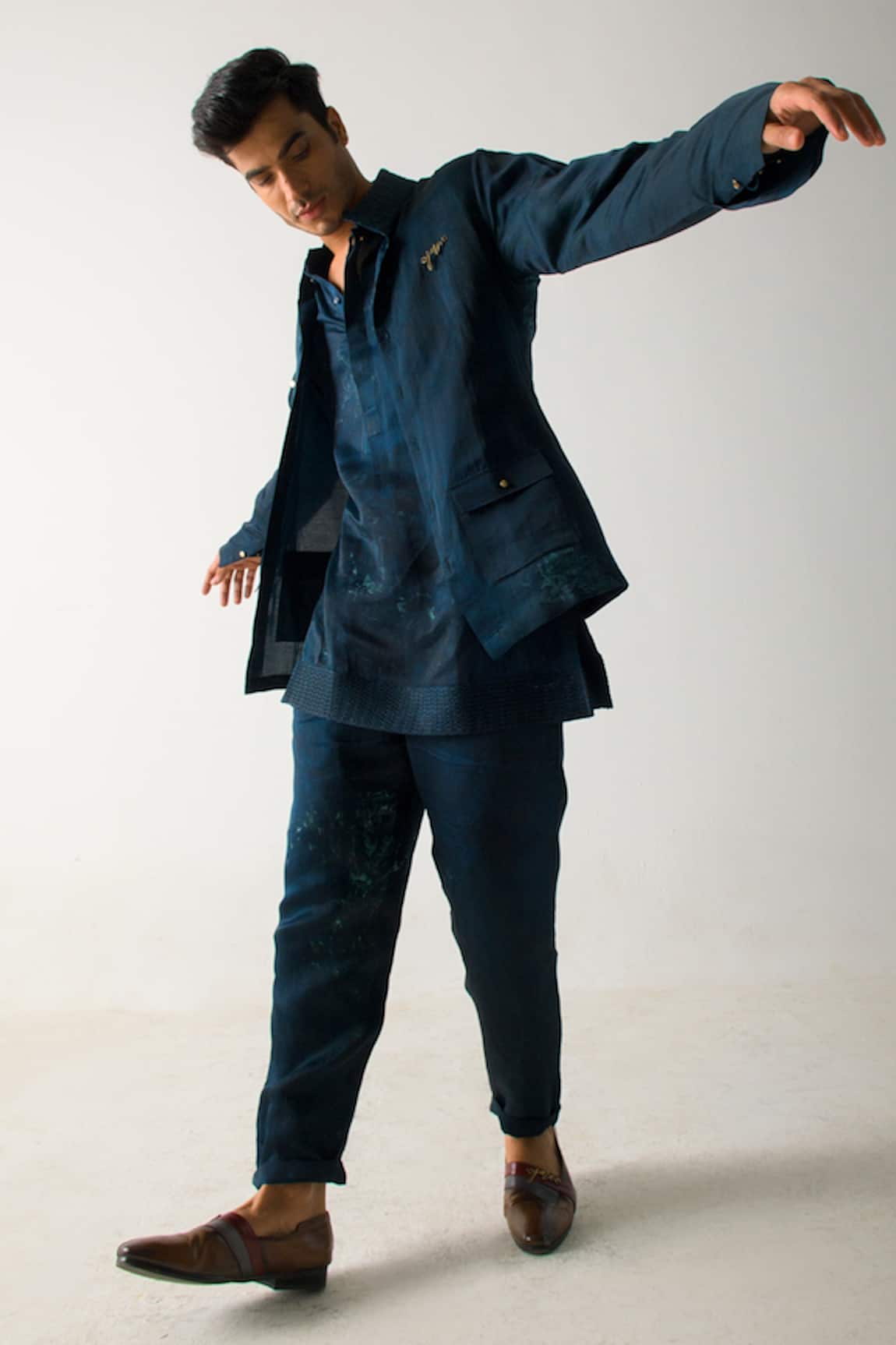 Jatin Malik Linen Silk Short Jacket With Kurta Set