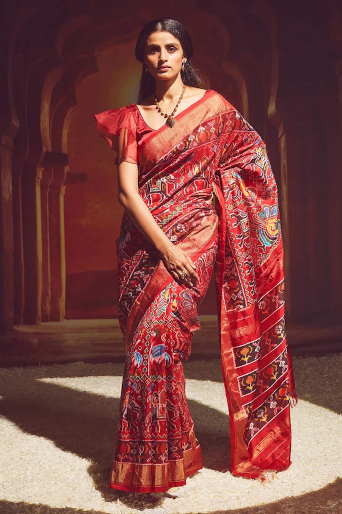 Paaprika Ikat Animal Pattern Handwoven Silk Saree