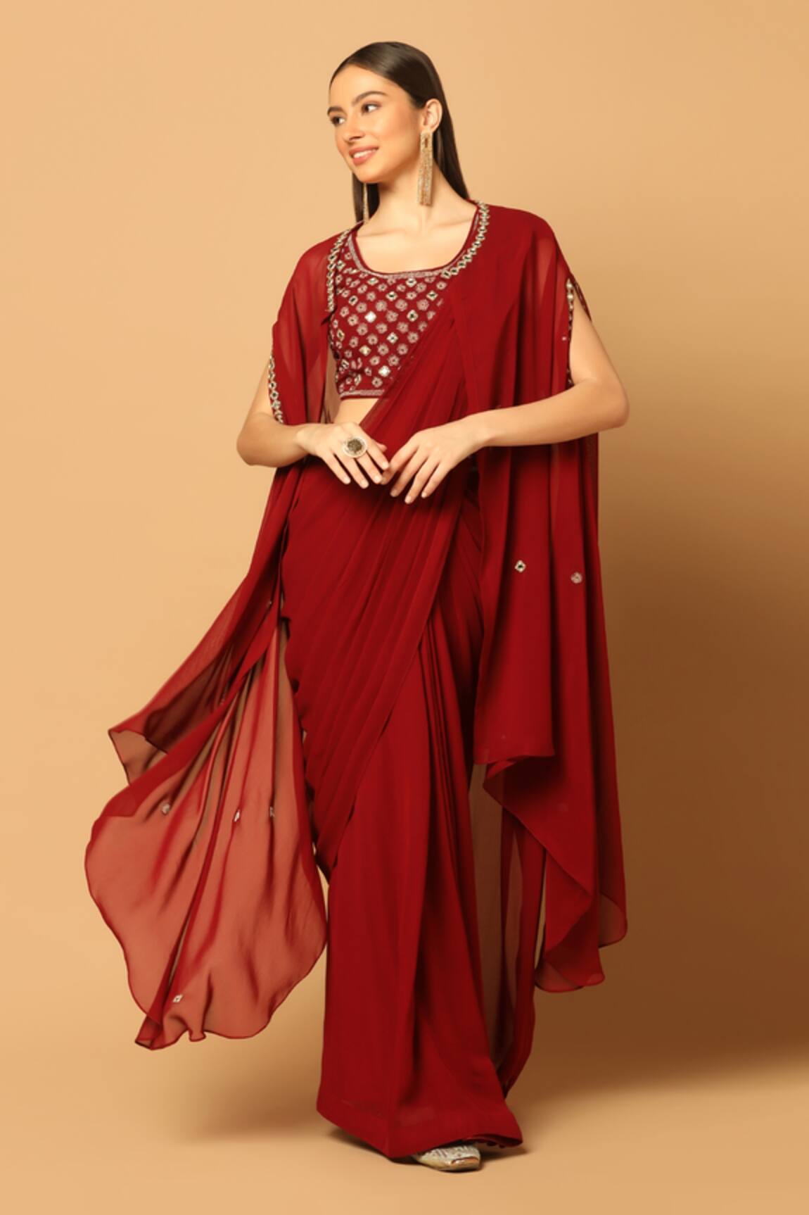 Two Sisters By Gyans Mirror Embroidered Cape & Pre-Draped Saree Set 