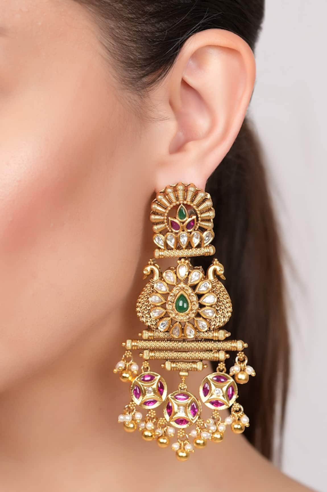 Ekathva Jaipur Tahira Carved Peacock Design Dangler Earrings