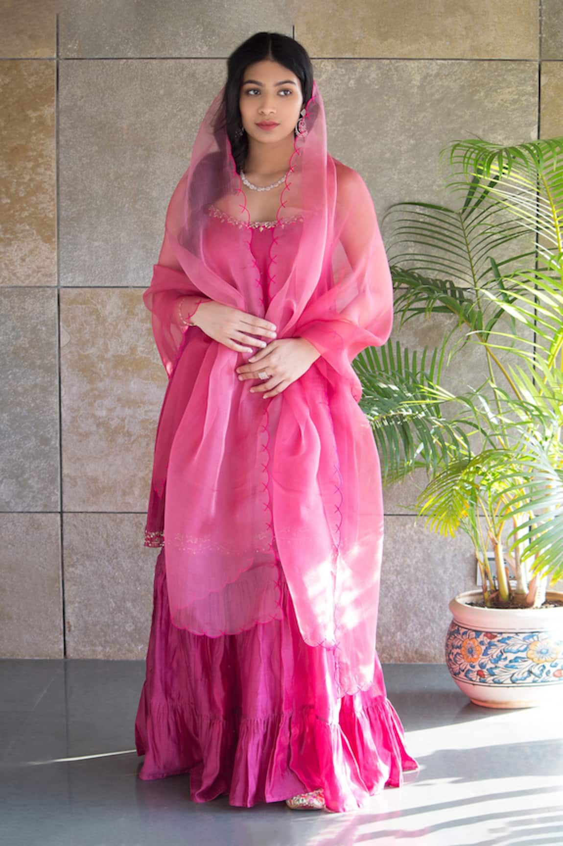 Cupid Cotton Embroidered Hem Chanderi Silk Kurta Sharara Set