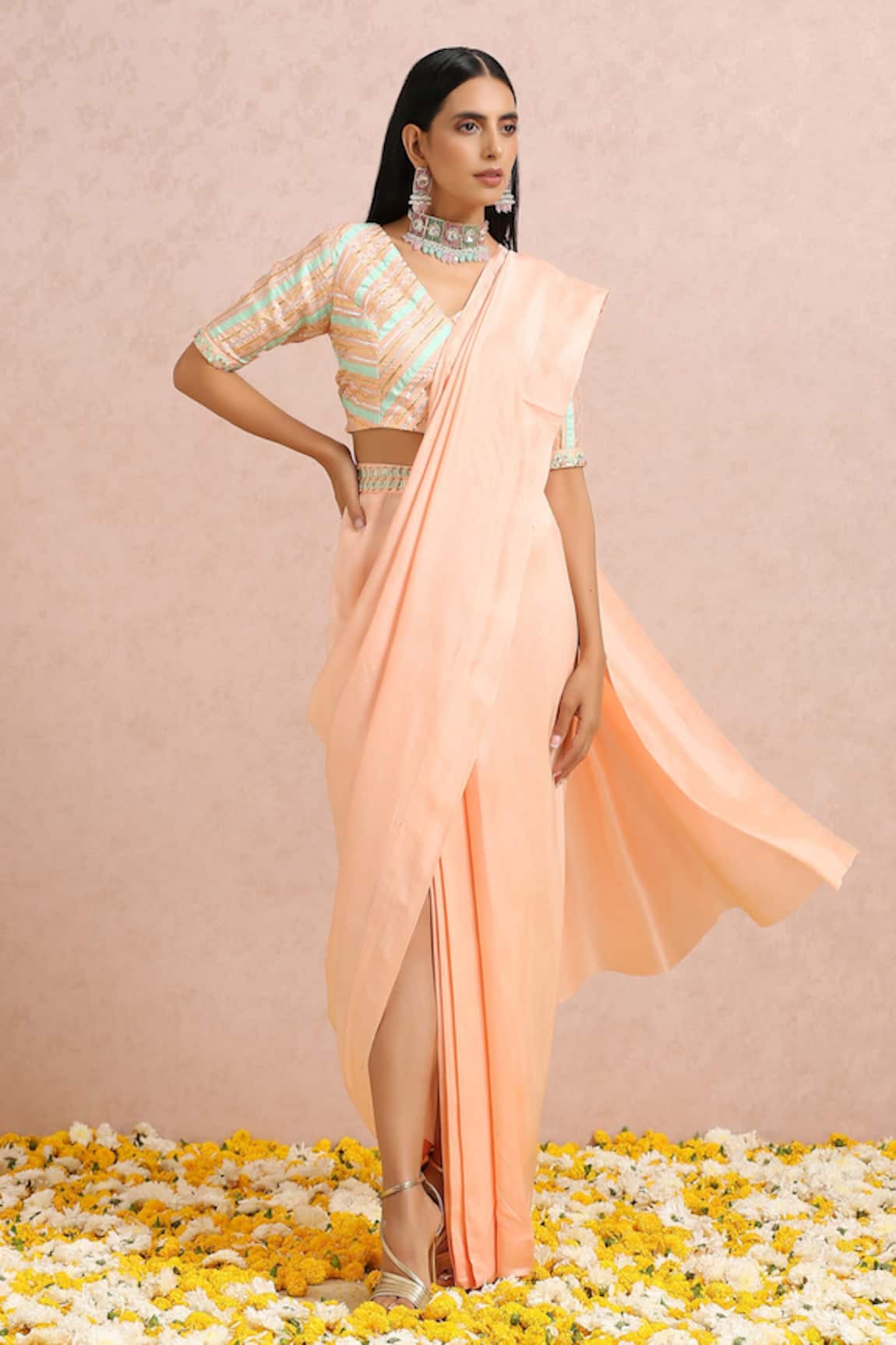 Label Nitika Pre-Draped Saree With Embroidered Blouse