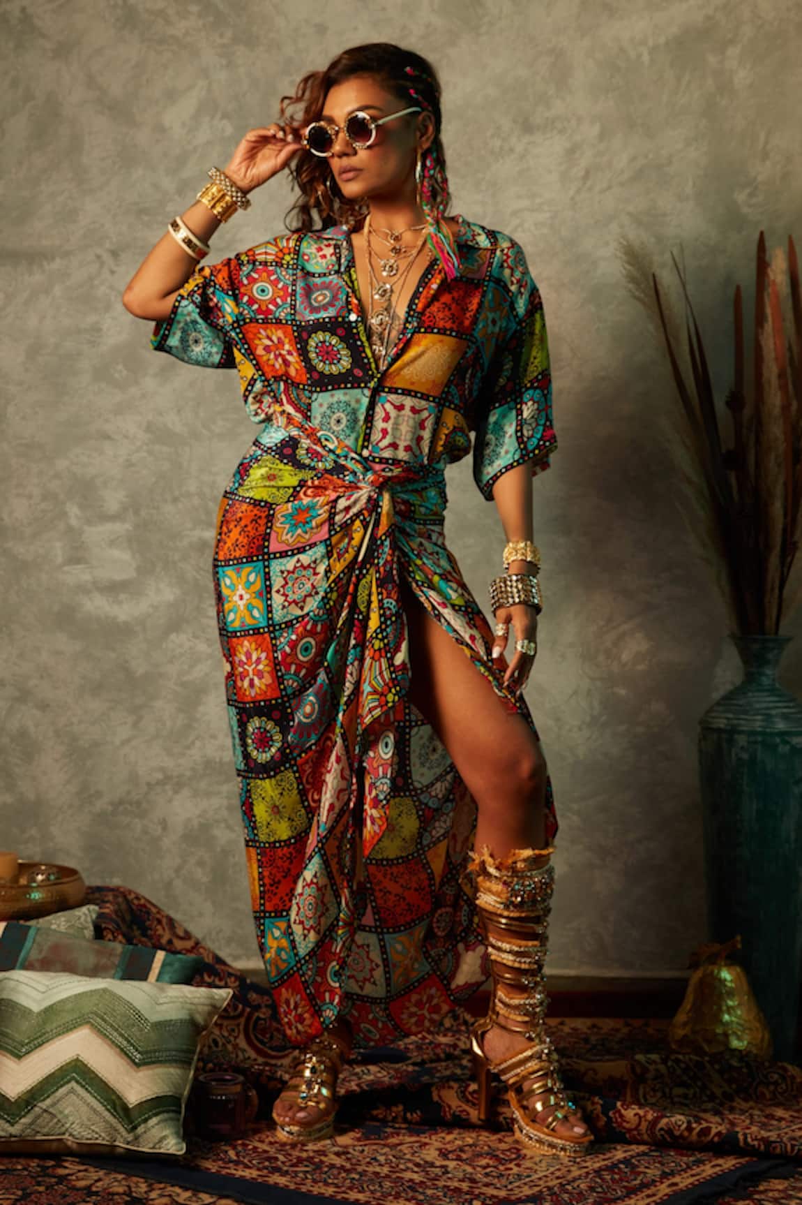 Esha L Amin Multi Color Tiles Print Sarong Skirt 