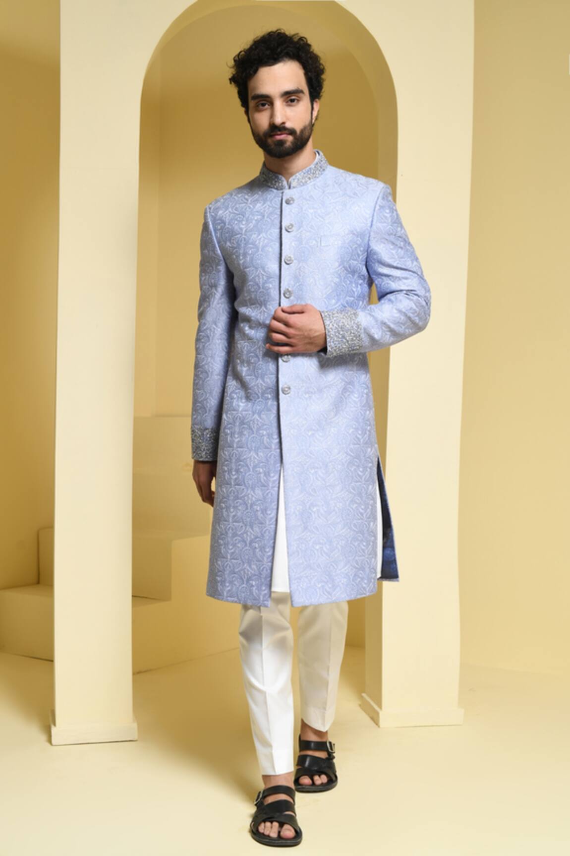 Kustomeyes Silk Floral Embroidered Sherwani Set