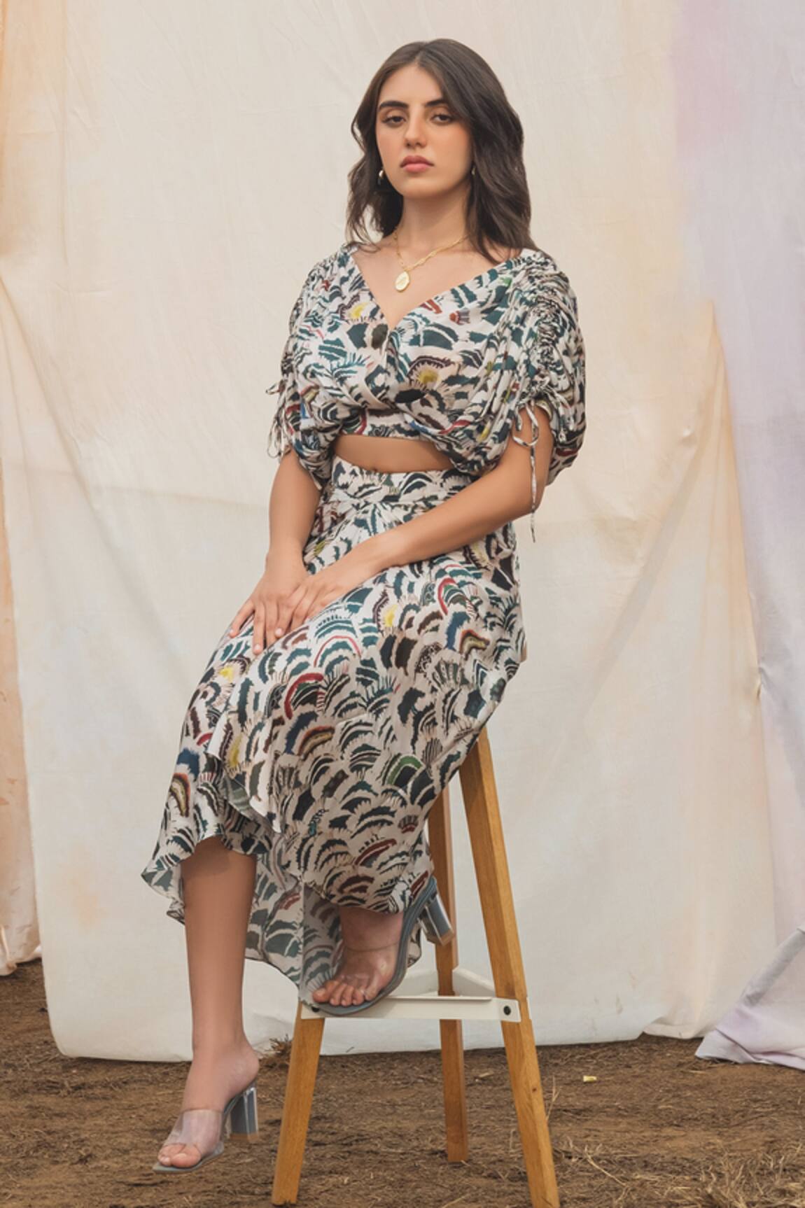 Kauza Eda Abstract Print Draped Top & Skirt Set