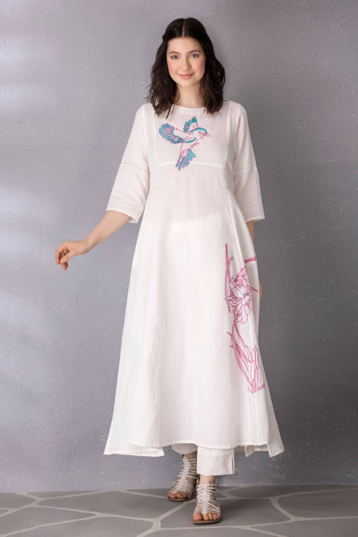 Tanu Malhotra Placed Embroidered Bird Pattern Tunic & Pant Set