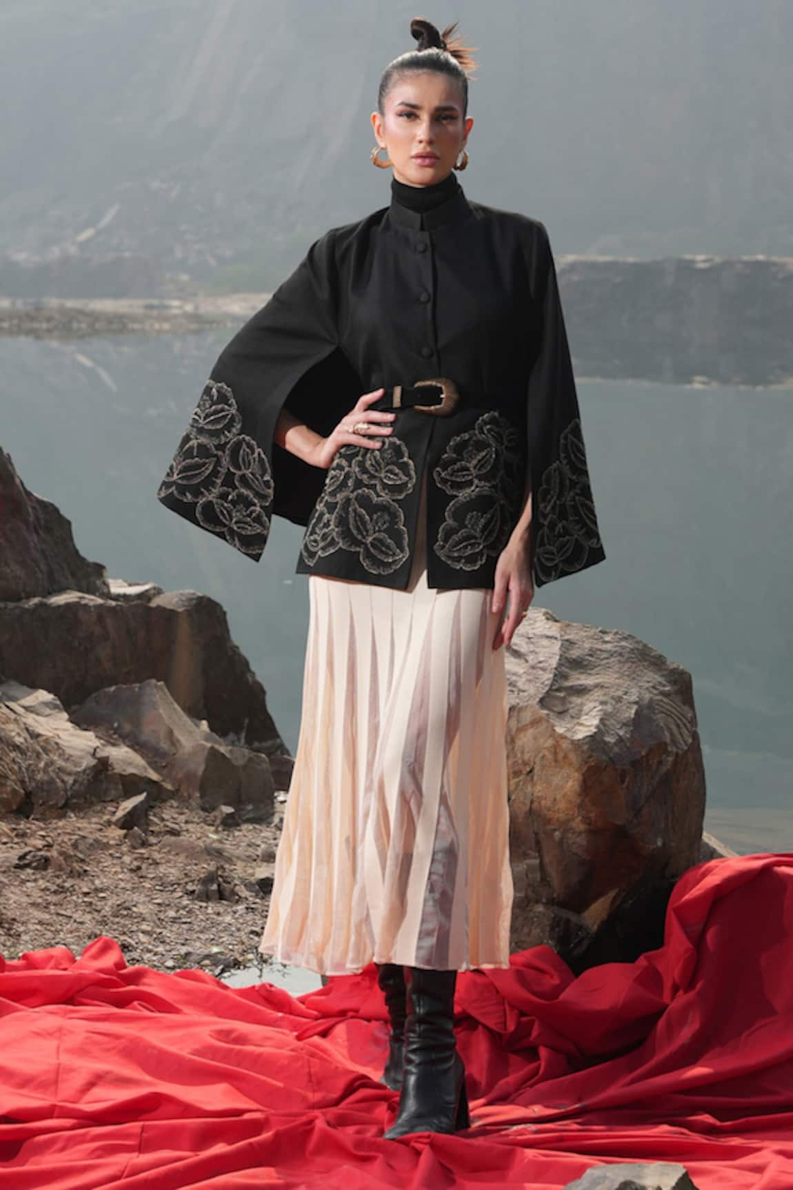 Neiza by Neeti Seth Floral Zari Embroidered Cashmere Wool Cape