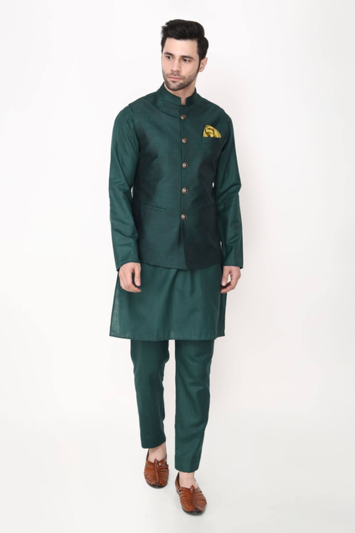 Manish Nagdeo Bottle Green Quilted Bundi Jacket Set 