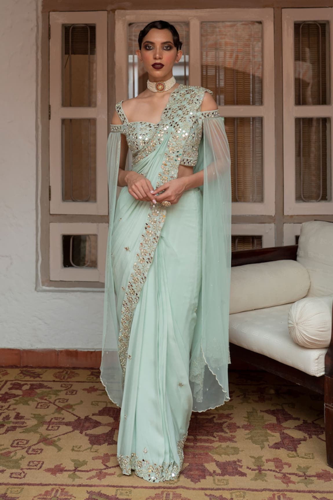 House of Dasmaya Embroidered Pre-Draped Saree With Blouse