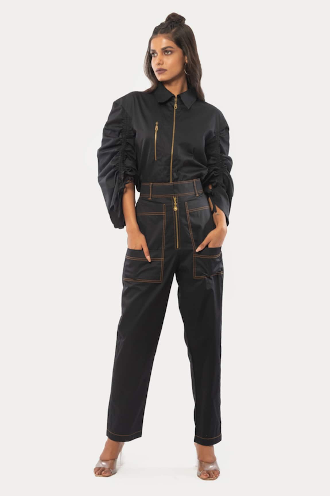 Veera Wear Black Cotton Ruched Sleeve Pant Set
