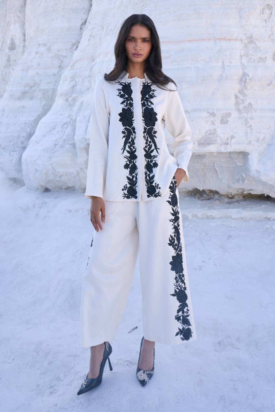 Dash And Dot Embroidered Floral Shirt & Pant Set