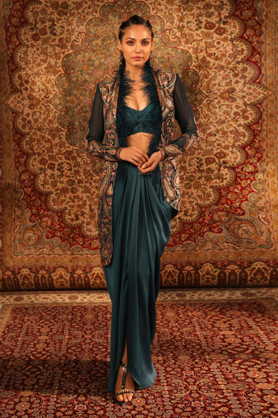Aditi Gupta Asymmetric Embroidered Jacket Draped Skirt Set 