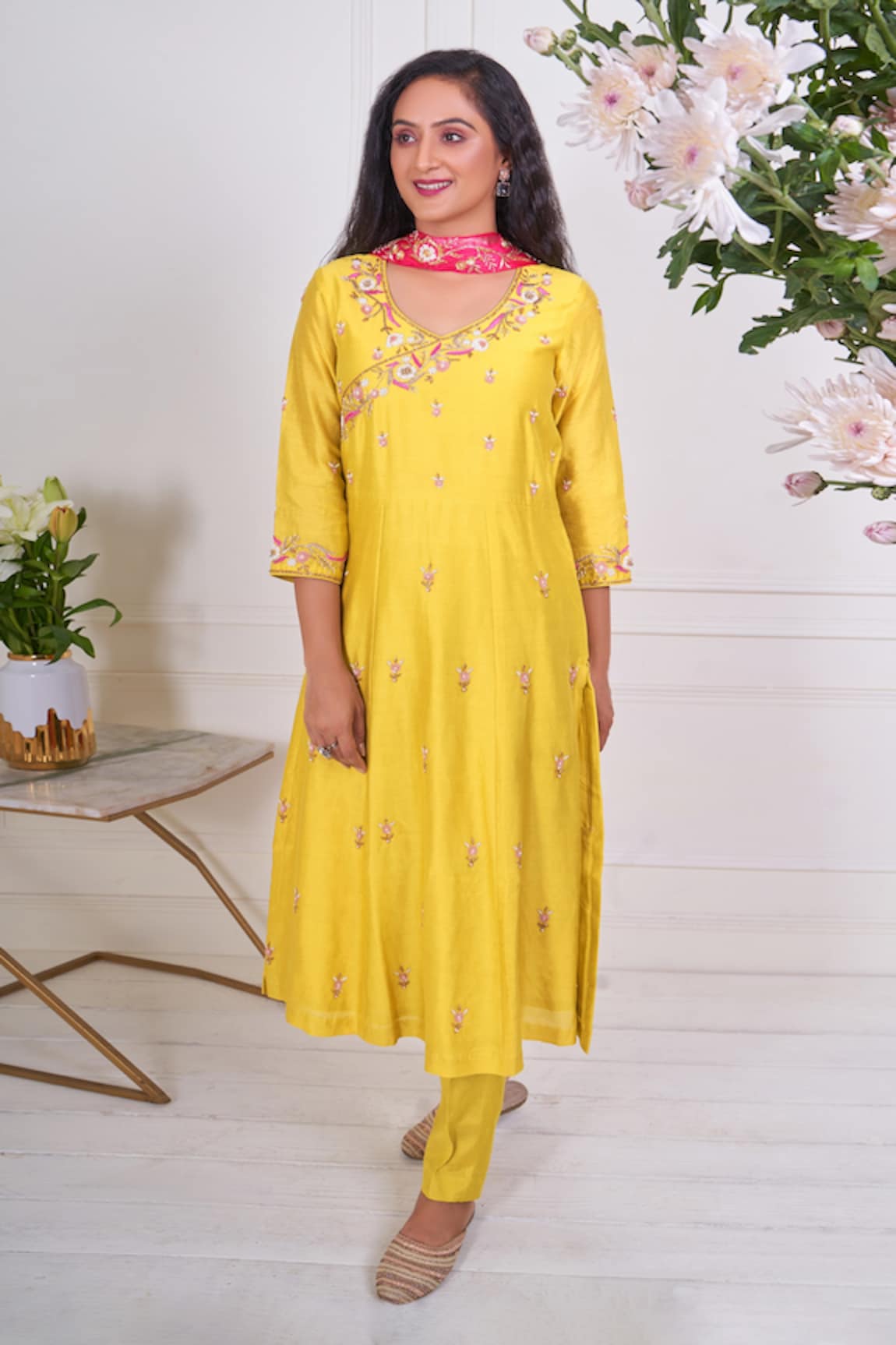 Geetika Jain Chanderi Hand Embroidered Angarkha Kurta Set