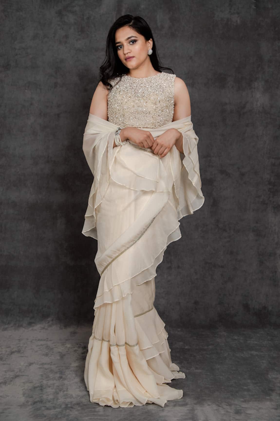 Sunita Bhandari Ruffle Pre-Draped Saree With Embroidered Blouse