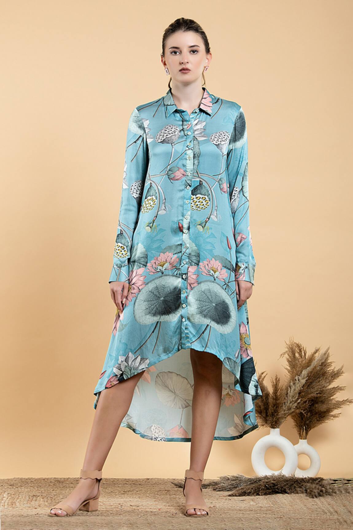 Divi By Sonal Khandelwal Lotus Print High Low Hem Shirt Dress