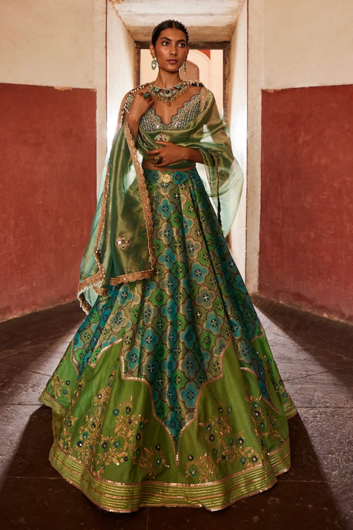 Aditi Gupta Banarasi Chanderi Quatrefoil Pattern Bridal Lehenga Set