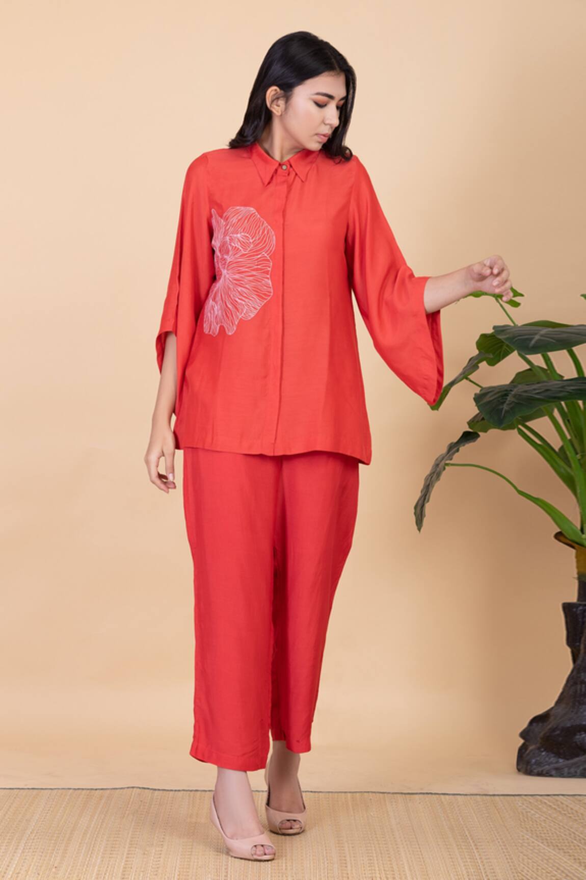Chambray & CO. Coral Red Flower Embroidered Shirt & Pant Set